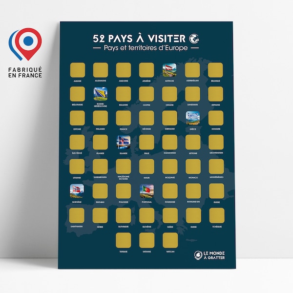 Affiche à Gratter 52 Pays à visiter - Pays et territoires d'Europe - Cadeau idéal pour voyageurs - A3