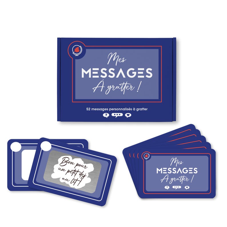 May include: A navy blue box and cards with the text "Mes MESSAGES A gratter!" in white. The box and cards have a red border. The cards have a scratch-off area. The box says "52 messages personnalis&eacute;s &agrave; gratter".