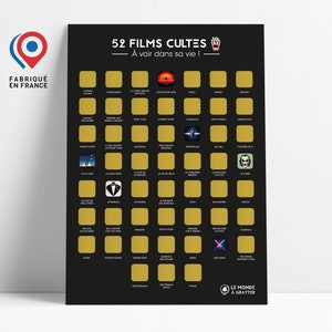 Peut inclure: Un poster noir et or à gratter avec le texte "52 Films Cultes" et "A voir dans sa vie !". Le poster présente une grille de 52 cases, chacune avec un titre de film différent et une petite image représentant le film. Le poster est conçu pour être gratté afin de révéler les titres des films.