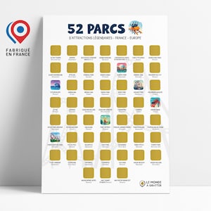 Könnte beinhalten: Ein weißes Poster mit dem Text "52 PARCS D'ATTRACTIONS LÉGENDAIRES - FRANCE - EUROPE" und einem Rubbeldesign. Das Poster zeigt ein französisches Flaggenlogo und die Worte "FABRIQUÉ EN FRANCE". In der unteren rechten Ecke steht "LE MONDE À GRATTER".