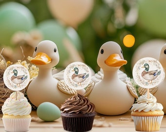 Mallard Duck Baby Shower Cupcake Toppers, Farm Animal Baby Shower, Digital Download, Editable Template Canva, Printable, Customizable MD001