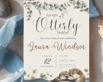 Otter Baby Shower Invite, Animal Baby Shower Invitation, Digital Download, Editable Template for Canva, Printable, Customizable OT001