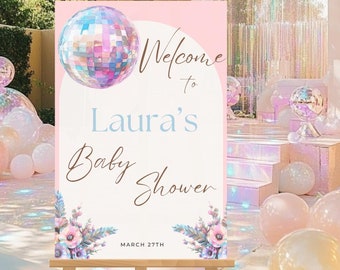 Pastel Disco Baby Shower Welcome Sign, Pastel Baby Shower, Digital Download, Editable Customizable Canva Template, PD001