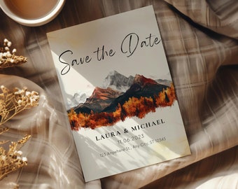 Fall Mountain Wedding Save the Date, Orange, Cold Wedding, Watercolor Invite FM001