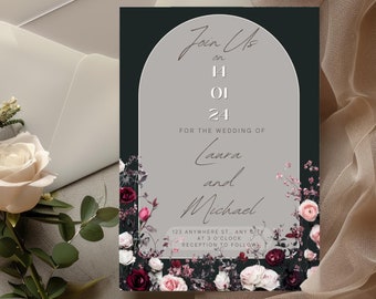 Moody Wedding Invitation, Dark, Floral, Black, Elegant Unique Wedding Invitation MI001