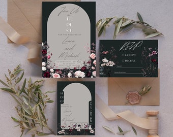 Moody Wedding Stationary, Pre Wedding BUNDLE, Dark, Floral, Black, Elegant Unique Wedding Invitation MI001