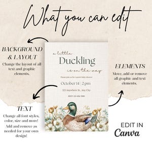 May include: A baby shower invitation with a watercolor illustration of a duckling on a floral background. The text reads "a little Duckling is on the way". The invitation includes the date, time, and location of the shower.