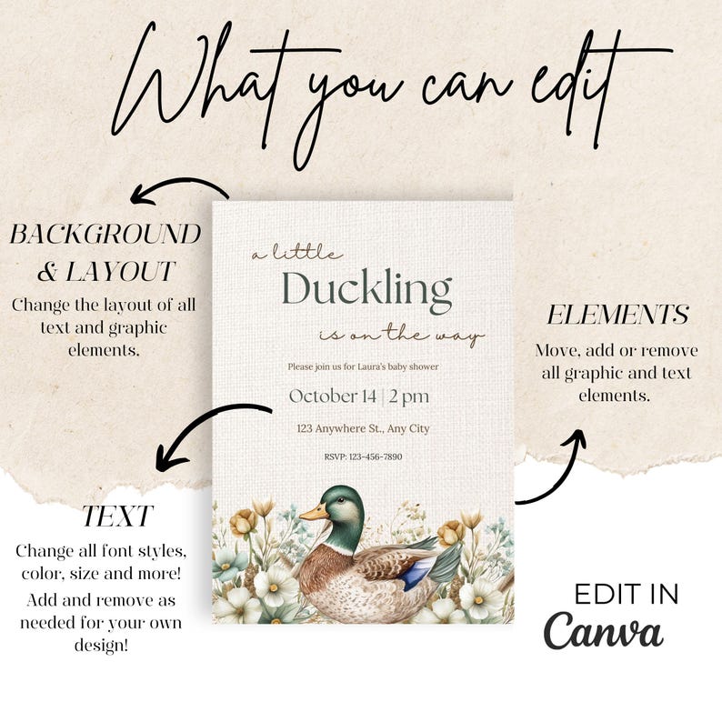 May include: A baby shower invitation with a watercolor illustration of a duckling on a floral background. The text reads "a little Duckling is on the way". The invitation includes the date, time, and location of the shower.