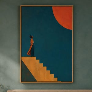 Geometric Woman Wall Art, Teal Orange Sun Print, Mid Century Modern Solitude (Digital Download)