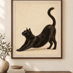 May include: A framed wall art print featuring a black cat stretching its body with its front paws extended forward and tail held high. The cat is depicted against a light beige, textured background. The text HIGH-RESOLUTION | INSTANT DOWNLOAD appears above the frame.