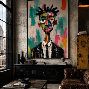 May include: A large rectangular wall art piece featuring a stylized portrait of a figure with spiky hair, wearing a white shirt and black tie under a dark suit jacket, set against a vibrant, multi-colored abstract background of teal, pink, and orange.