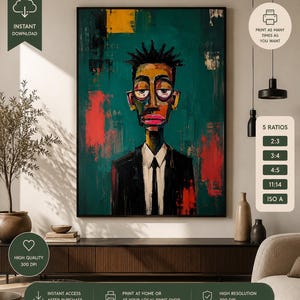 Könnte beinhalten: Ein digitaler Kunstdruck mit einem stilisierten Porträt einer Person mit stacheligen Haaren, großen Augen und vollen Lippen, die einen schwarzen Anzug mit weißem Hemd und Krawatte trägt. Der Hintergrund besteht aus strukturierten Blaugrün-, Rot- und Gelbtönen.