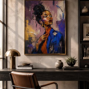 May include: A framed vertical wall art print featuring an expressive oil painting of a person with dark hair in a high bun, wearing a bright orange turtleneck and a deep blue blazer, set against a textured background of purple, yellow, and white.