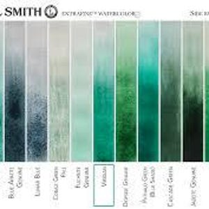 May include: A color chart of Daniel Smith Extra Fine Watercolors. The chart displays a range of green and blue hues, including shades like Sleeping Beauty Green, Cobalt Turquoise, and Viridian. The text "DANIEL SMITH" and "Extra Fine Watercolors" are visible at the top.