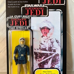 Niestandardowa figurka Star Wars Kenner Vintage Original Han Solo Hoth z niestandardowym niebieskim blasterem na karcie reprodukcji Tri-Logo Karta ROTJ