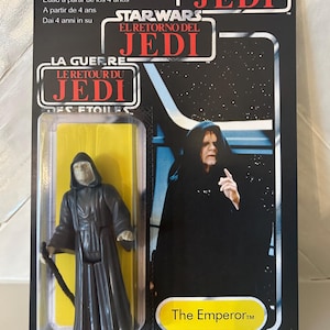Custom Star Wars Kenner Retro-collectie The Emperor Palpatine op Palitoy-reproductiekaart met tri-logo Return of the Jedi 70-achterkant