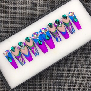 Valentines Press On Nails: Long Coffin Acrylic Nails with Rhinestones-C154