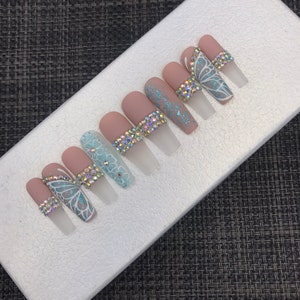 Luxury Press On Nails: Y2K Rhinestone Butterfly Long Fake Nails -C219
