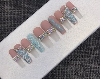 Luxury Press On Nails: Y2K Rhinestone Butterfly Long Fake Nails -C219