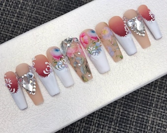 Floral Coffin Press On Nails: Y2k Rhinestone Gel X Nails-C242