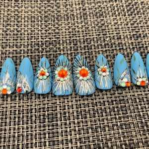 Blue Coffin Press On Nails: Luxury Glitter Gem Fake Nails- C18