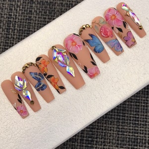 Coffin Nails Luxury | Cute Fake Nails | Press On Nails | Glue On Nails | Gel X Fake Nails | Glitter | Short Nails | Long Fake Nails - C210