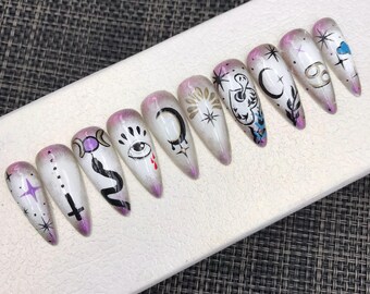 Y2k Press On Nails: Luxury Coffin Nail Set with Celestial Designs-C244