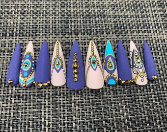 Egyptian Eye Press On Nails: Luxury Coffin Acrylic Nails-C42