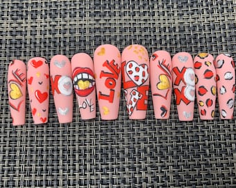Love Theme Press On Nails: Valentine's Day False Coffin Nails-C358