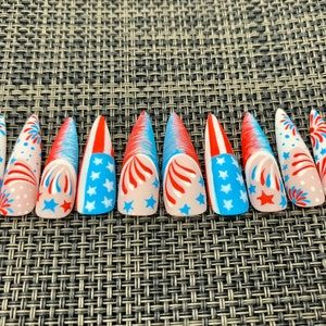 4th of July Press On Nails: Patriotic American Flag Stiletto False Nails- C27