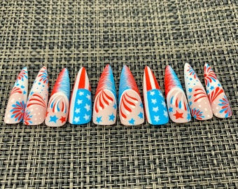 4TH OF JULY / Stiletto Ultra Shine Press On Nails/ Memorial False nails/ Stripes Patriotic fake naill Star USA American Flag - C27