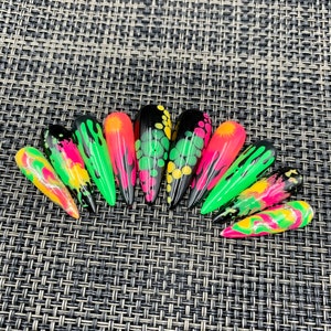 Neon Flame Press On Nails | Fake Nails | Glue On Nails | Press On Nails | Coffin Nails | Acrylic Nails - C51