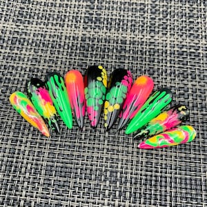 Neon Flame Press On Nails | Fake Nails | Glue On Nails | Press On Nails | Coffin Nails | Acrylic Nails - C51