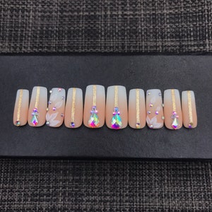 Luxury Press On Nails: Coffin Acrylic Nails with Rhinestones-C212