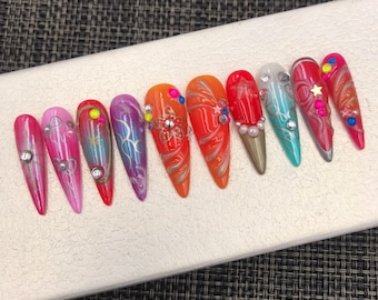 Y2k press on nails  | Glue On Nails | Coffin Nails Luxury | Gel X Fake Nails | Short Nails | Long Fake Nails - C195