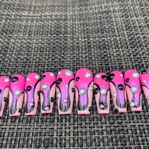 Abstract Press On Nails: Pink & Black, Long False Nails