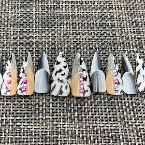 Luxury Press On Nails: Cow Print Rhinestone Coffin Acrylic Nails-C47