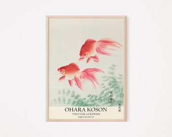 Ohara Koson - Two Veil Goldfish, Classic Painting, Fine Art Goldfish Pond Poster, Asian Art Decor, Printable Wall Art, Digital Download
