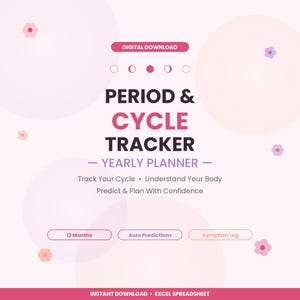 Könnte beinhalten: Digitaler Download-Grafik für einen Perioden- und Zyklustracker. Das Design zeigt den Text "Period & Cycle Tracker - Yearly Planner" in Rosa und Schwarz. Zusätzlicher Text lautet "Track Your Cycle, Understand Your Body, Predict & Plan With Confidence."