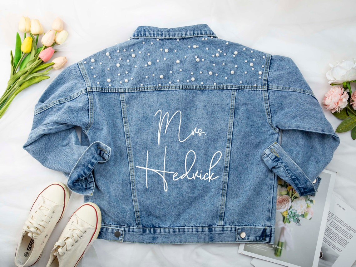 Custom Bridal Denim Jacket With Pearls Personalized Mrs. Jean Etsy
