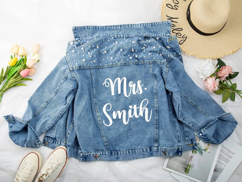 Custom Bridal Denim Jacket With Pearls Personalized Mrs. Jean Etsy