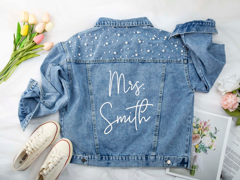Custom Bridal Denim Jacket With Pearls Personalized Mrs. Jean Etsy
