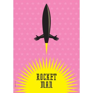 May include: A graphic illustration of a black rocket with outstretched arms, emitting a yellow flame, against a pink background with white stars. The words "ROCKET MAN" are displayed in bold, stylized font.