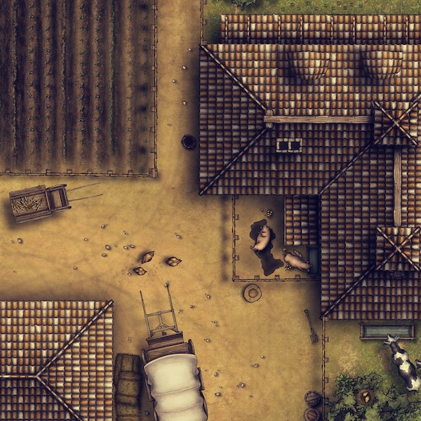 Farm Battle-map, night and day, for home-brewed campaigns, Dungeons and Dragons, Fantasy grounds, Digital download in 4K