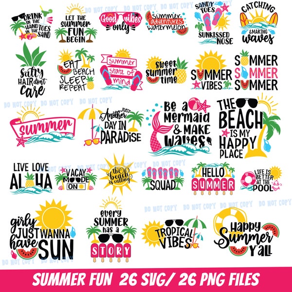 26 Summer time quotes SVG, PNG, AI files for t-shirts, beach towels, tote bags and accessories. Summer digital download files.