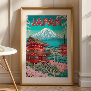 Póster de viaje a Japón para pared, imprimible, arte mural del monte Fuji, descarga digital de la Pagoda de los Cerezos en Flor, decoración japonesa de estilo vintage.
