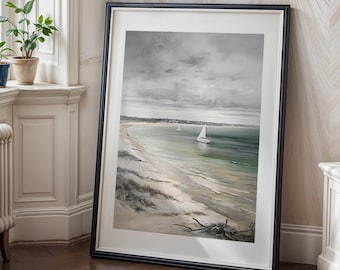 Stampa murale costiera con stampa sul mare – Paesaggio costiero in stile antico – Decorazione da scaricare digitale per casa sul lago