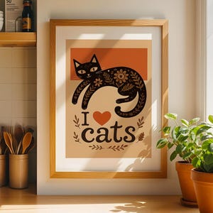 I Love Cats Poster – Cute Cat Wall Art, Floral Cat Digital Download, Boho Cat Poster Print, Aesthetic Cat Decor, Cat Lover Gift