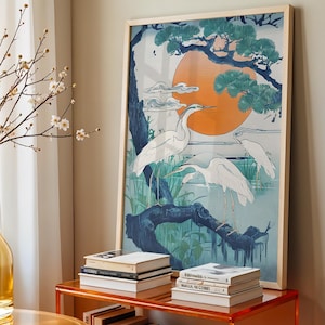 Japanese Cranes Digital Print – Flying Cranes Poster Download, Japanese Bird Art, Isoda Koryusai Vintage Japanese Print, Crane Wall Decor