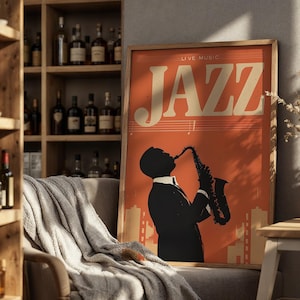 Vintage Jazz Music Poster - Saxophone Wall Art - Live Music Print - Jazz Decor for Music Room, Bar, Lounge, or Studio
